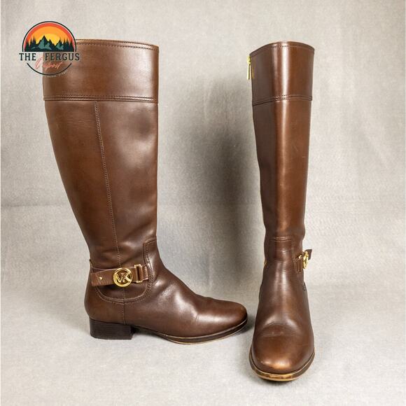 Michael Kors Harland Luggage Knee High Riding Boots Brown Leather Women's 8.5M - Picture 1 of 16